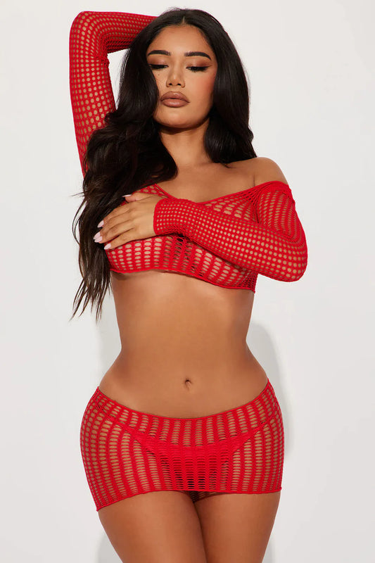 I Just Wanna Be Yours Bodystocking 2-Piece Set – Red